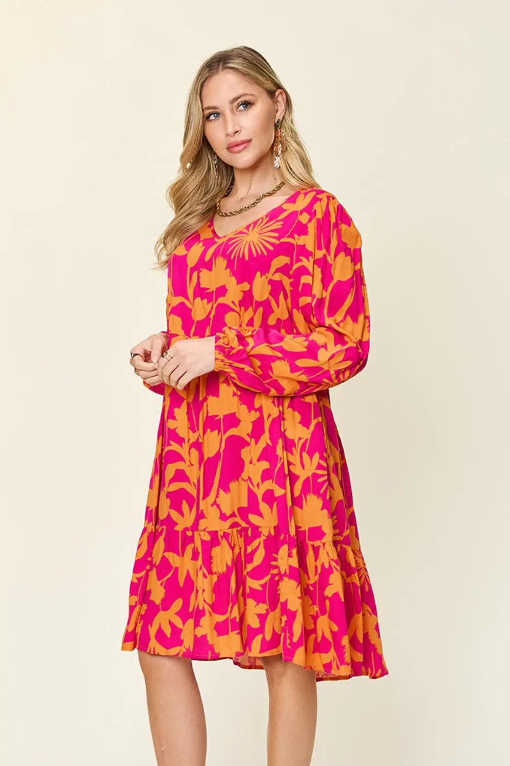 Double Take Full Size Printed Ruffle Hem Long Sleeve Dress - Love Salve