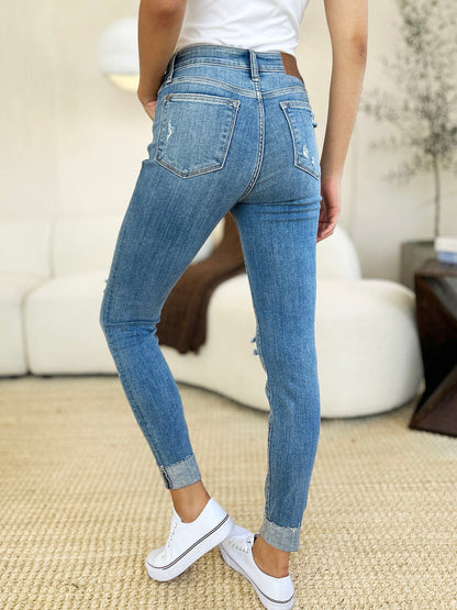 Judy Blue Full Size Mid Rise Destroy & Cuff Skinny Jeans.