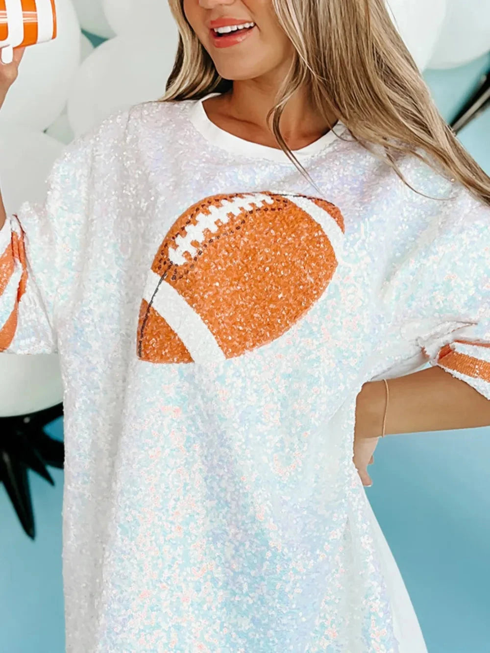 Sequin Football Round Neck Half Sleeve Oversize Top Coco’s Tee Boutique