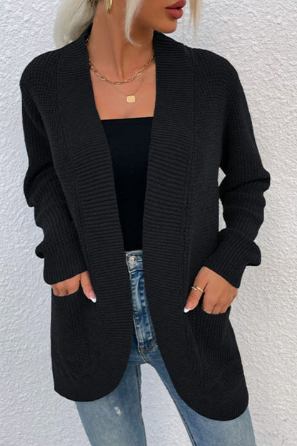 Open Front Rib-Knit Cardigan with Pockets.