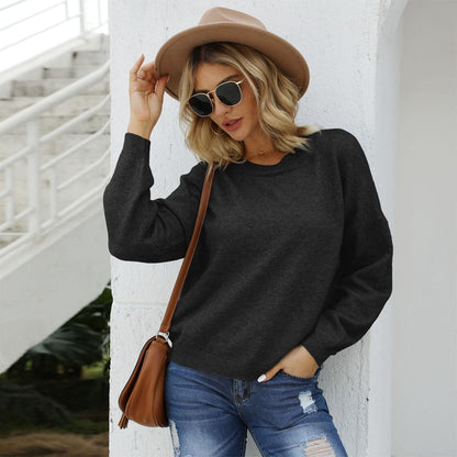 Round Neck Long Sleeve Drop Shoulder Sweater.