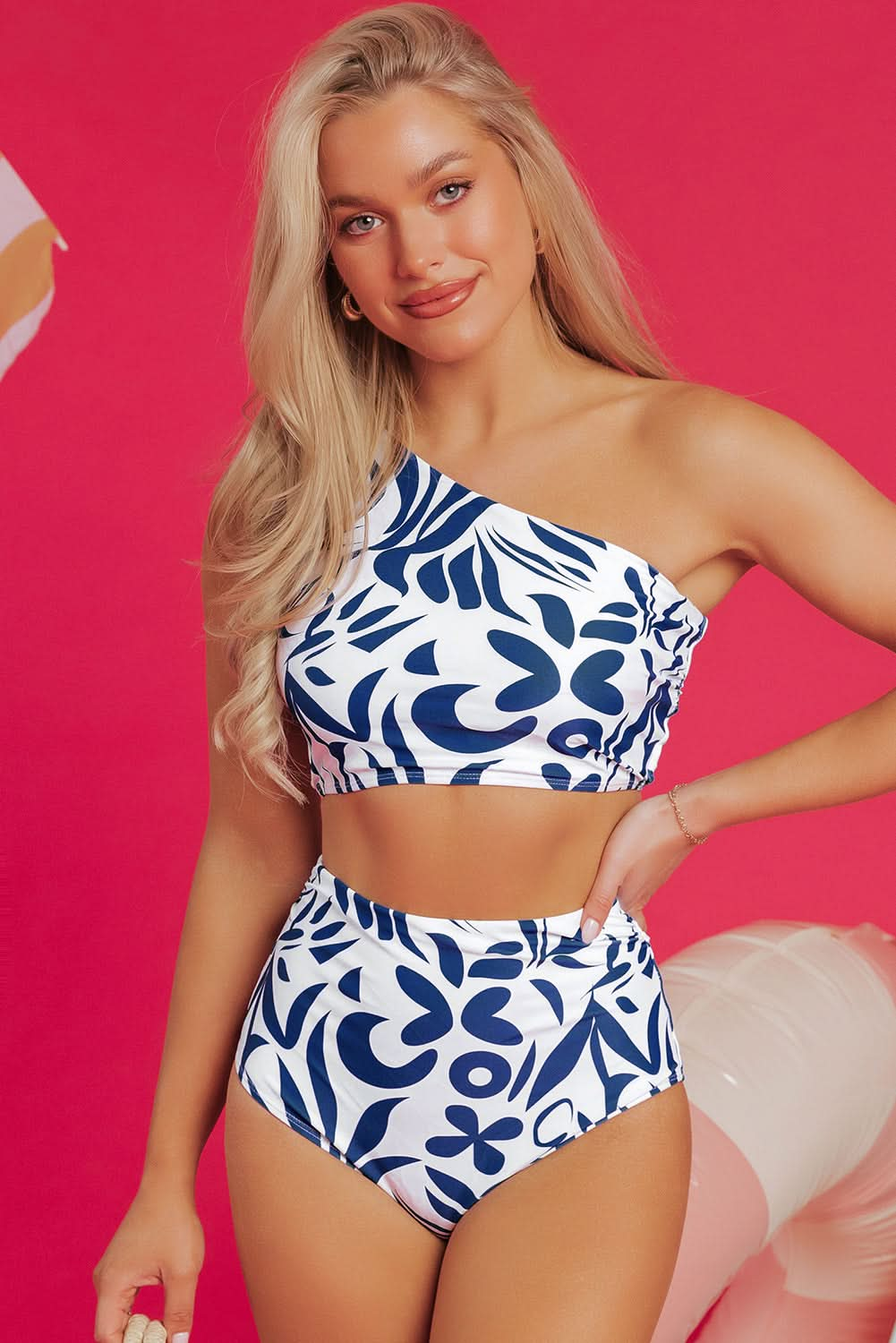 Asymmetrical Blue Geometric Print One-Shoulder High-Rise Bikini Set