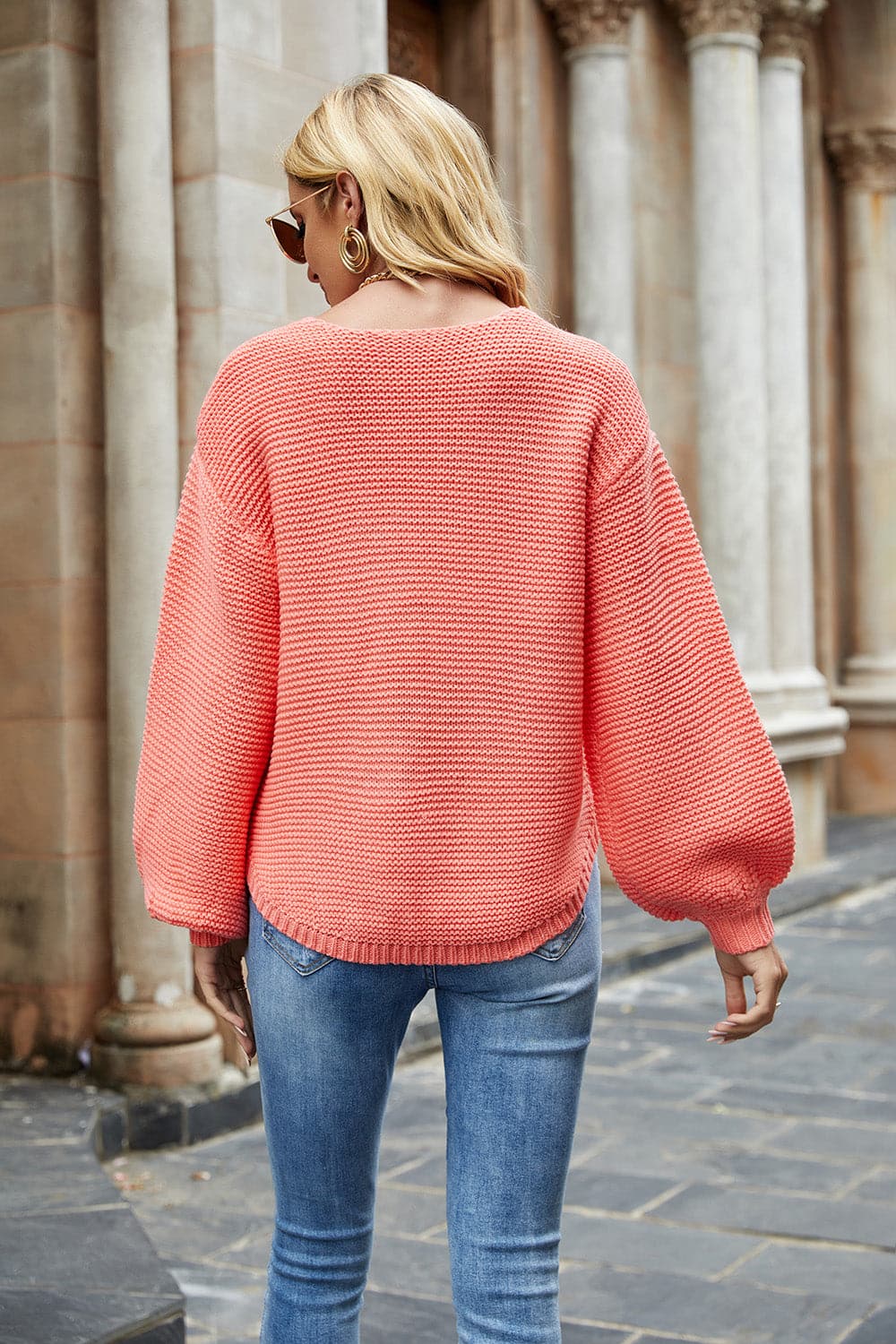 Round Neck Lantern Sleeve Sweater.