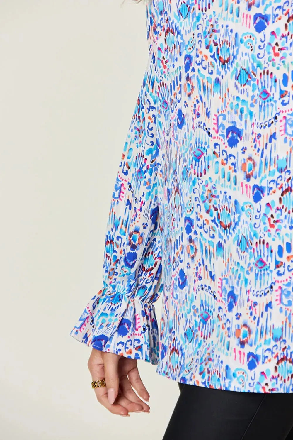 Double Take Full Size Printed Flounce Sleeve Blouse - Love Salve