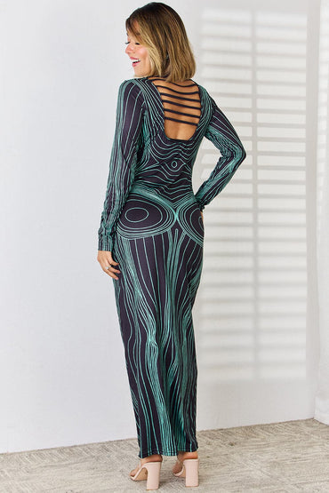 Cutout Round Neck Long Sleeve Maxi Dress.