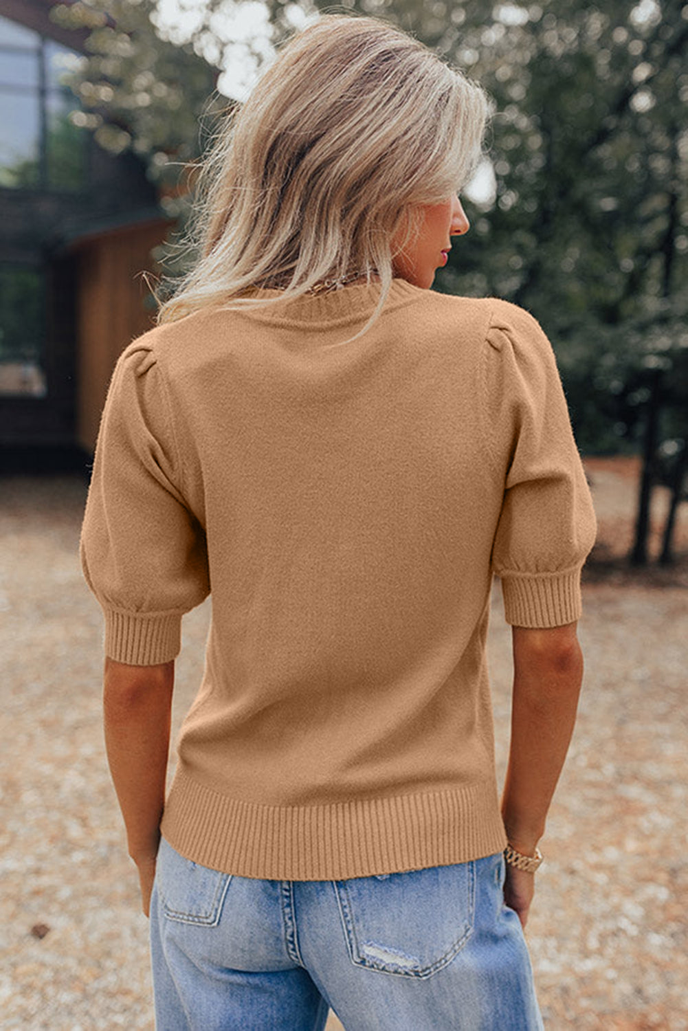Light French Beige Solid Color Knit Short Puff Sleeve Sweater Dear-Lover Dropshipping