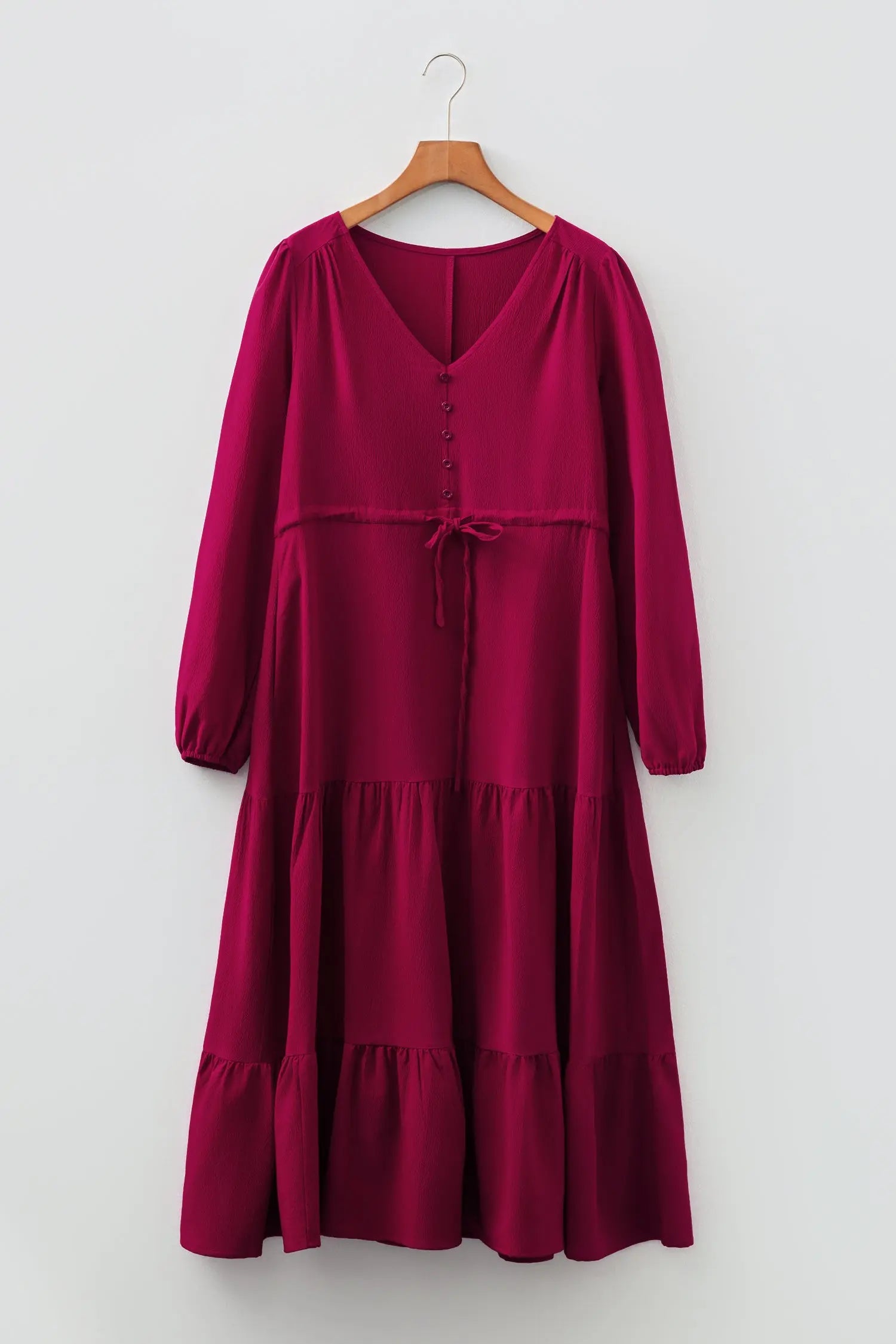 Burgundy Solid Long Sleeve Button Front V Neck Tiered Maxi Dress For Women Dear-Lover Dropshipping