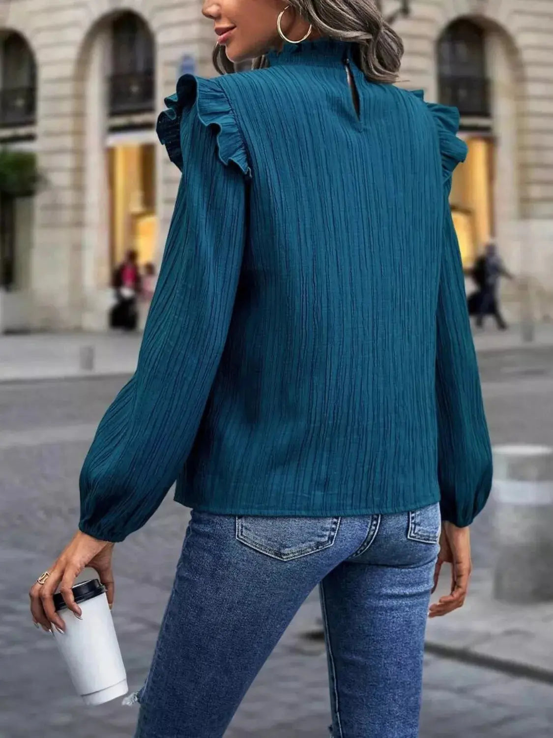 Ruffle Trim Long Sleeve Blouse Simply Love