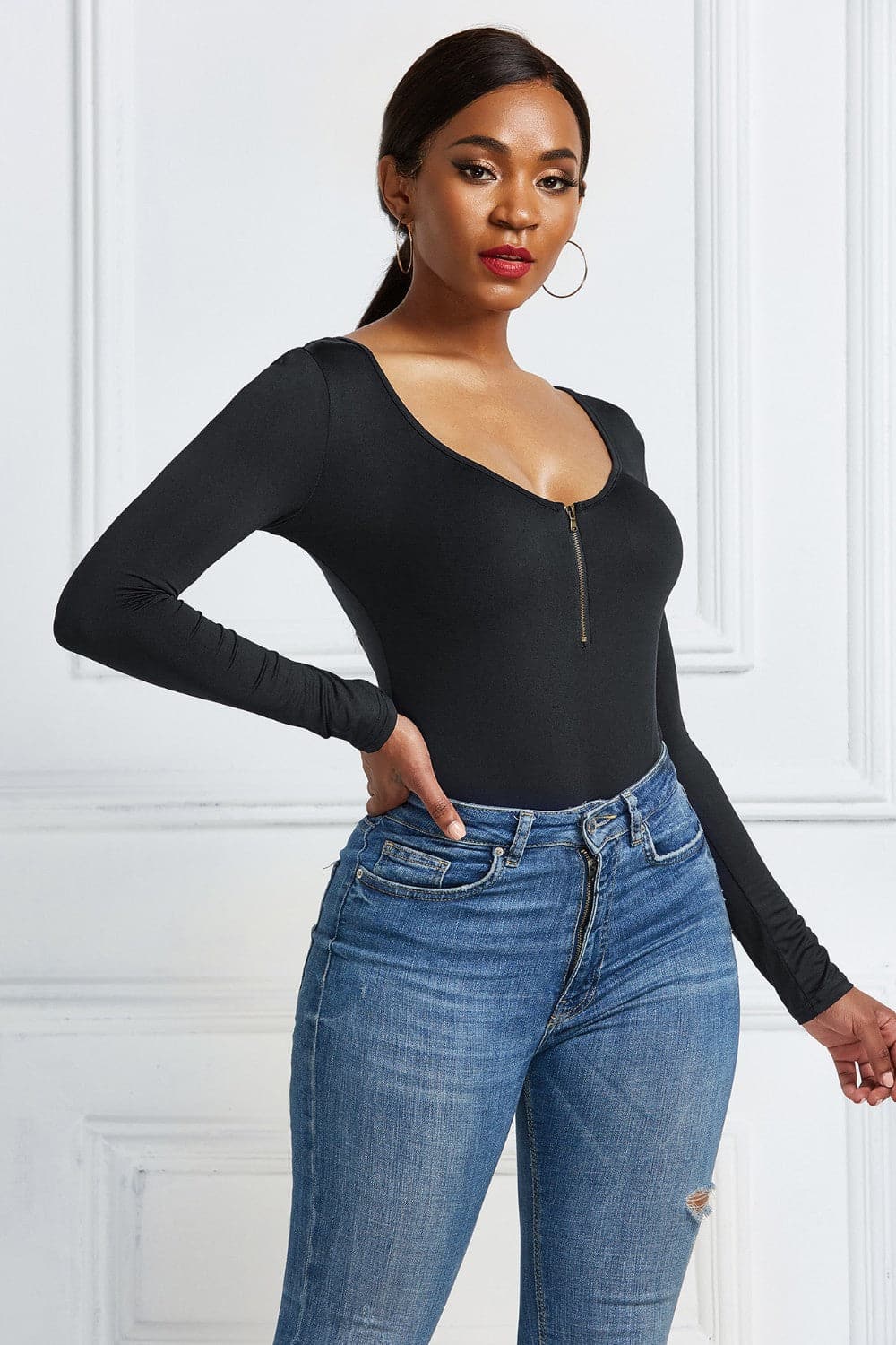 Half Zip Scoop Neck Long Sleeve Bodysuit.