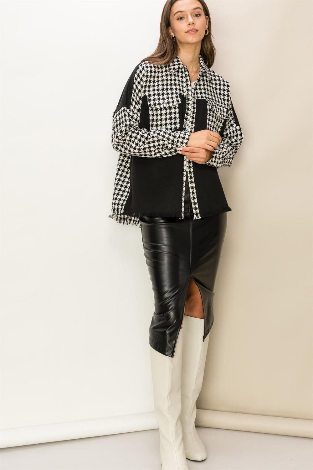 HYFVE Houndstooth Contrast Raw Hem Jacket.