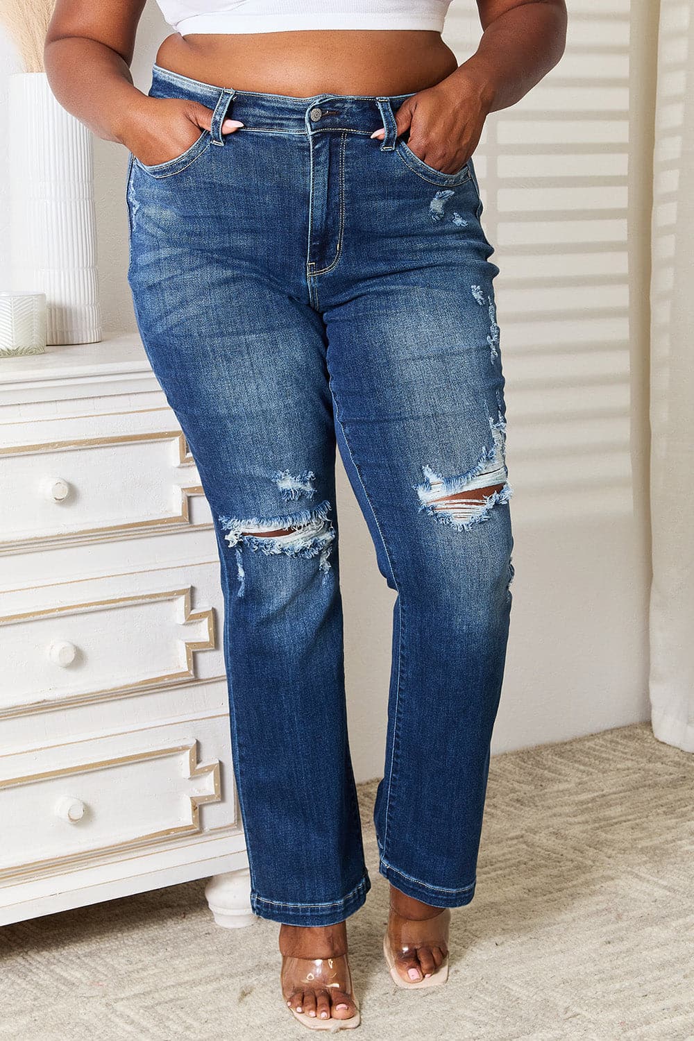 Judy Blue Full Size Mid Rise Hand Sand & Destroy Bootcut Jeans.