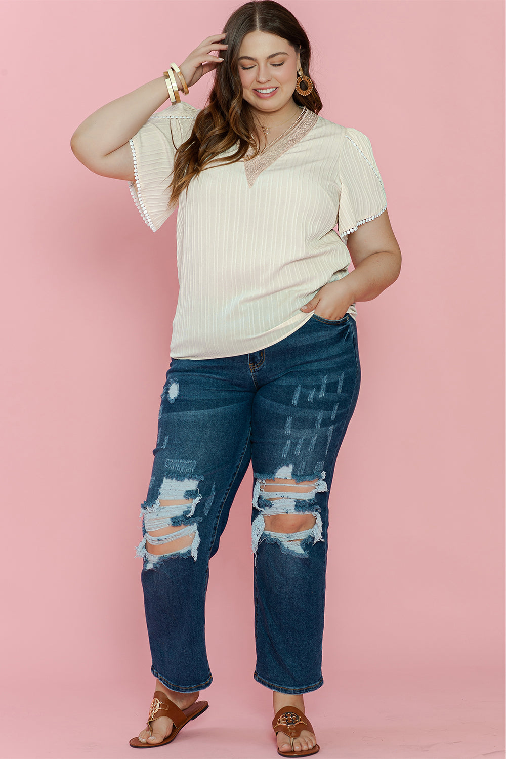 Beige plus size lace petal sleeve blouse with contrast detailing