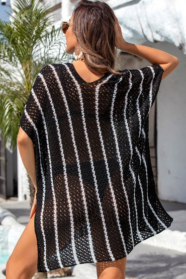 Black Striped Crochet Loose Fit V Neck Beach Cover Up Dress