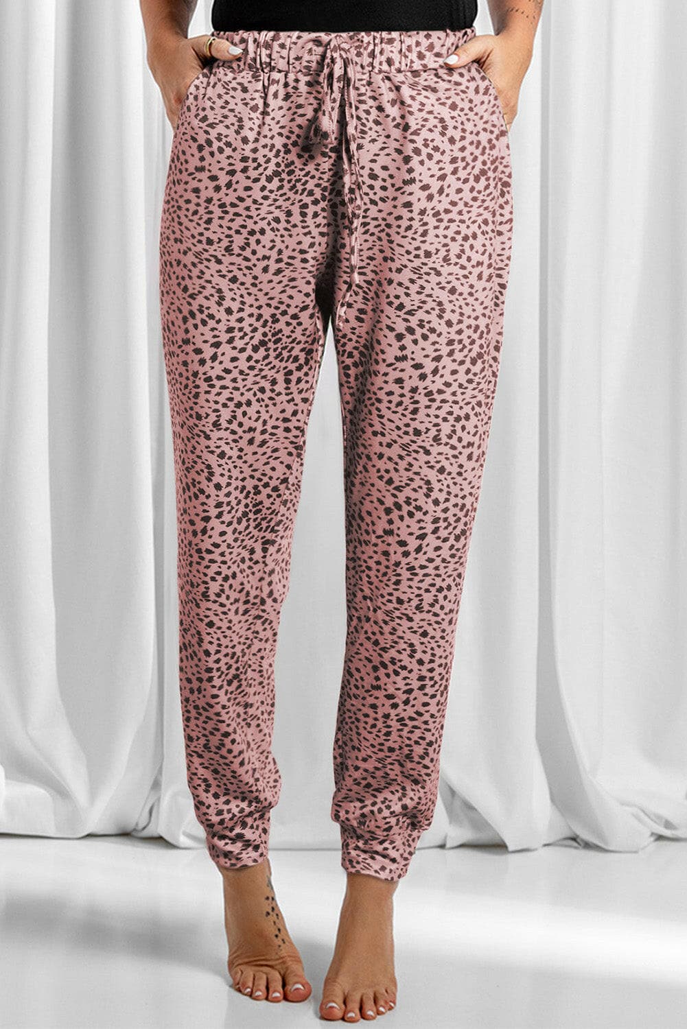 Full Size Leopard Drawstring Pocketed Pants.