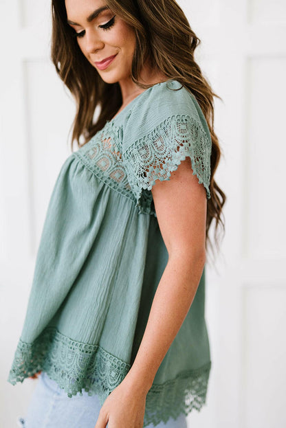 Lace Detail Square Neck Short Sleeve Blouse.