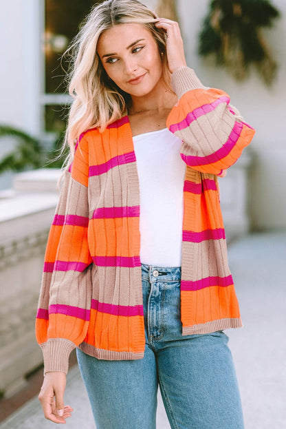 Ribbed Striped Open Front Long Sleeve Cardigan.