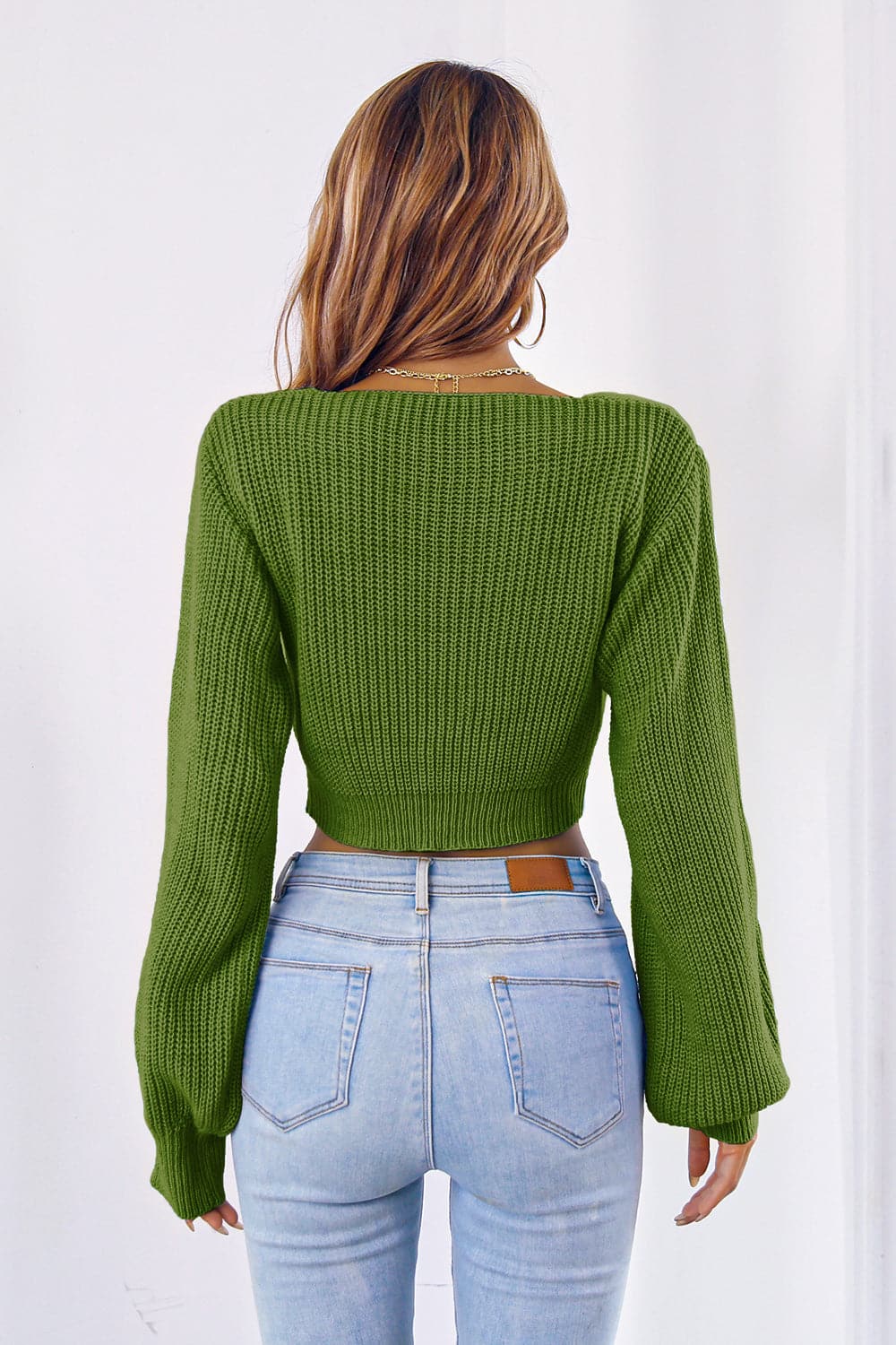 Bow V-Neck Long Sleeve Cropped Sweater.