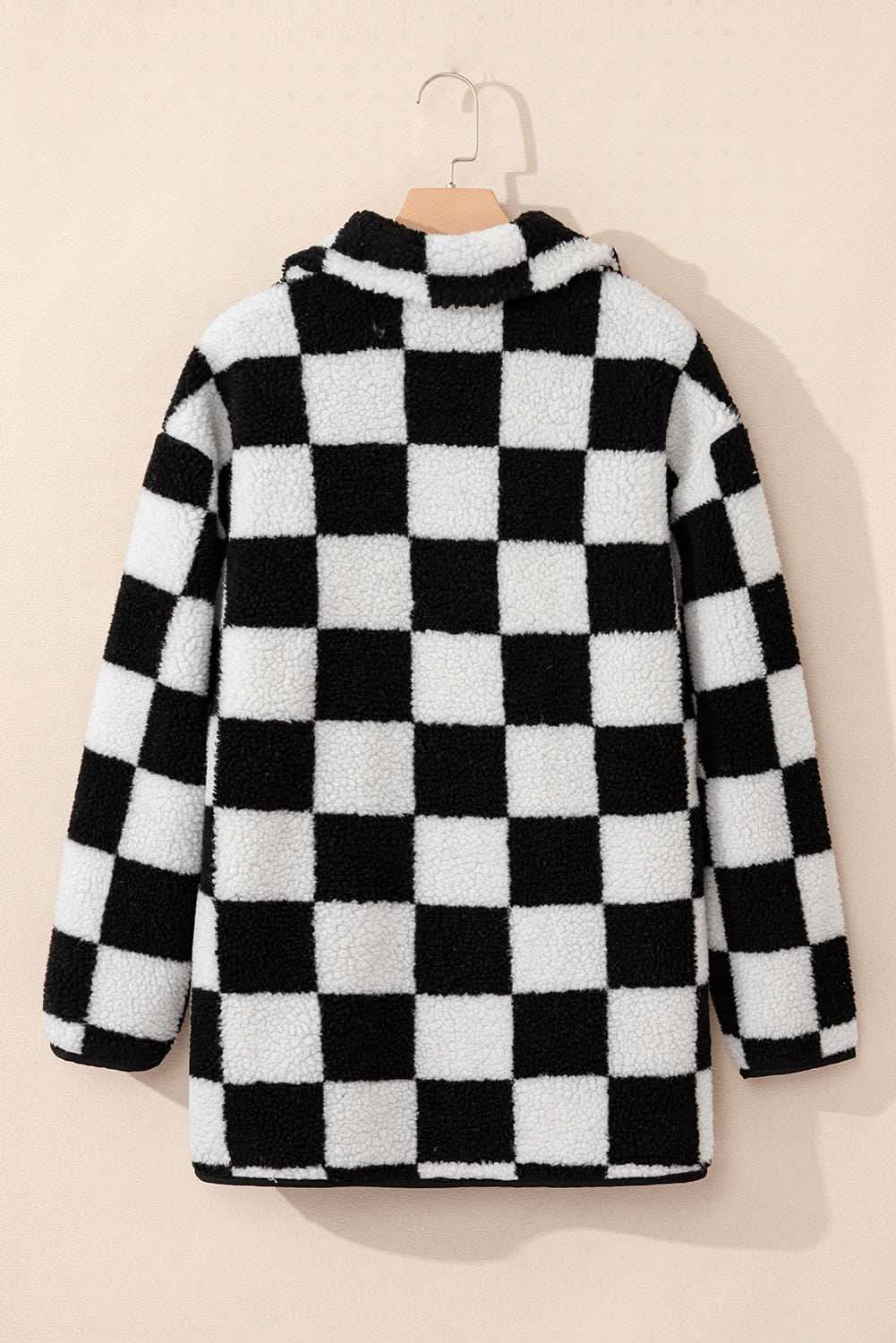 Black Checkered Side Pockets Collared Buttoned Fleece Jacket - Love Salve 