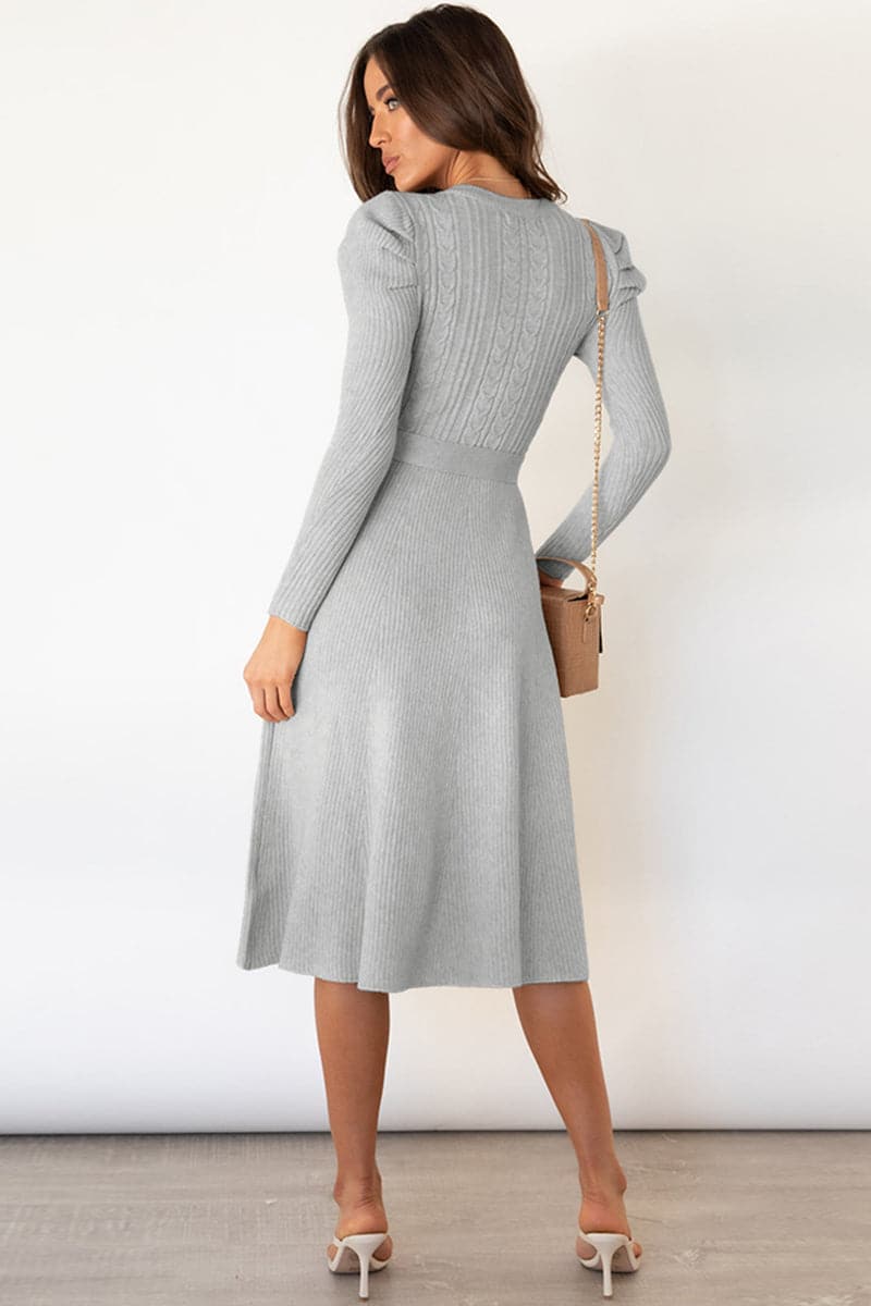 Round Neck Long Sleeve Tie Waist Sweater Dress.