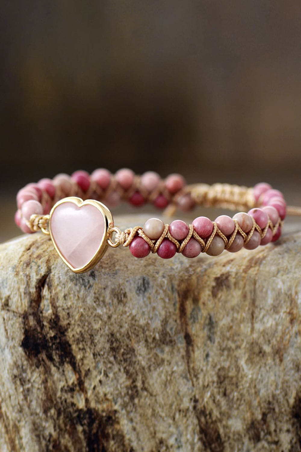 Rose Quartz Heart Beaded Bracelet.