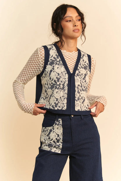 Davi and Dani Lace Patch Open Front Denim Vest - Love Salve 
