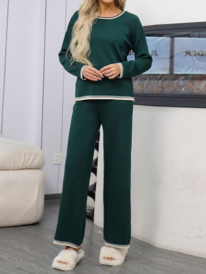 Contrast Trim Cozy Knit Top and Bottom Set