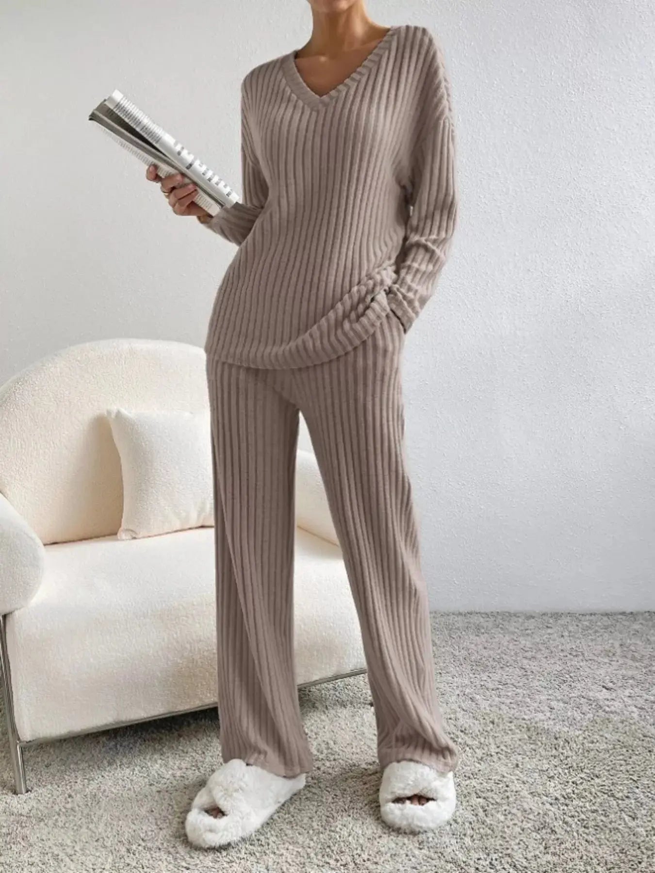 Ribbed Knit V-Neck Top and Pants Set Simply Love