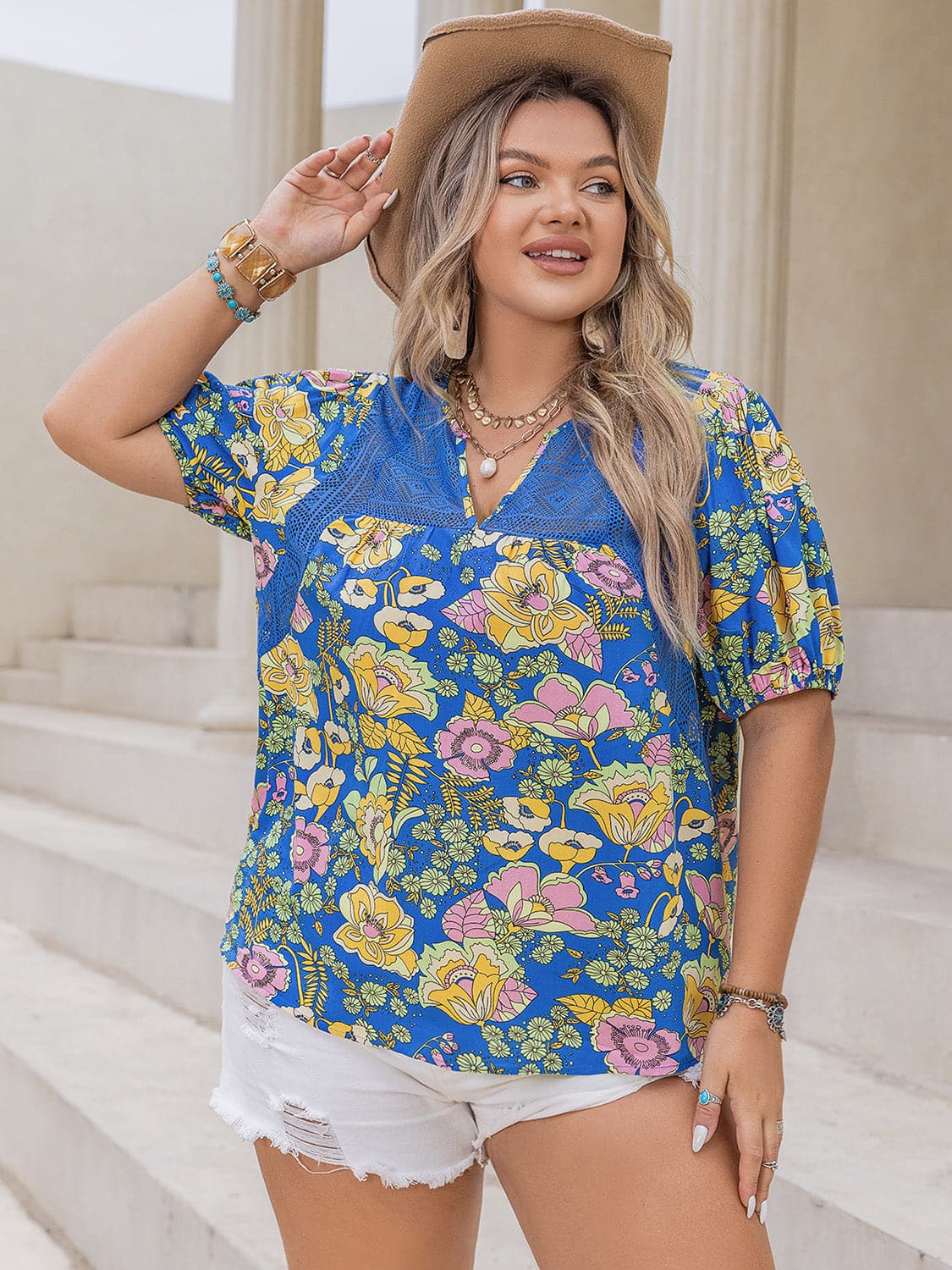 Plus Size Printed Notched Short Sleeve Blouse.