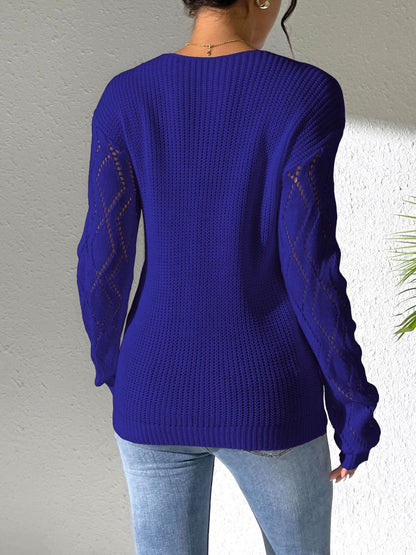 Chic openwork v-neck sweater with long sleeves