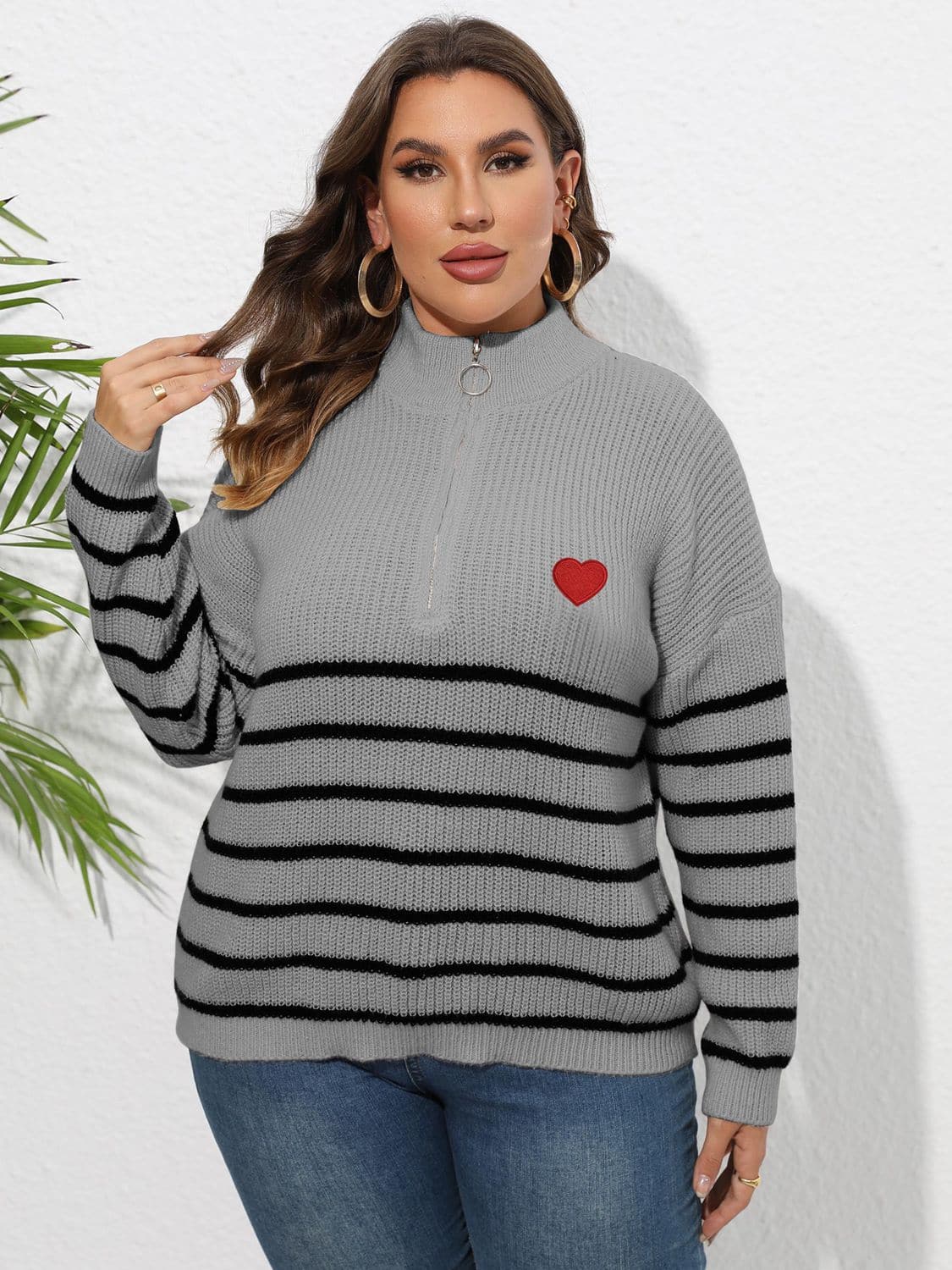 Plus Size Zip-Up Striped Sweater.