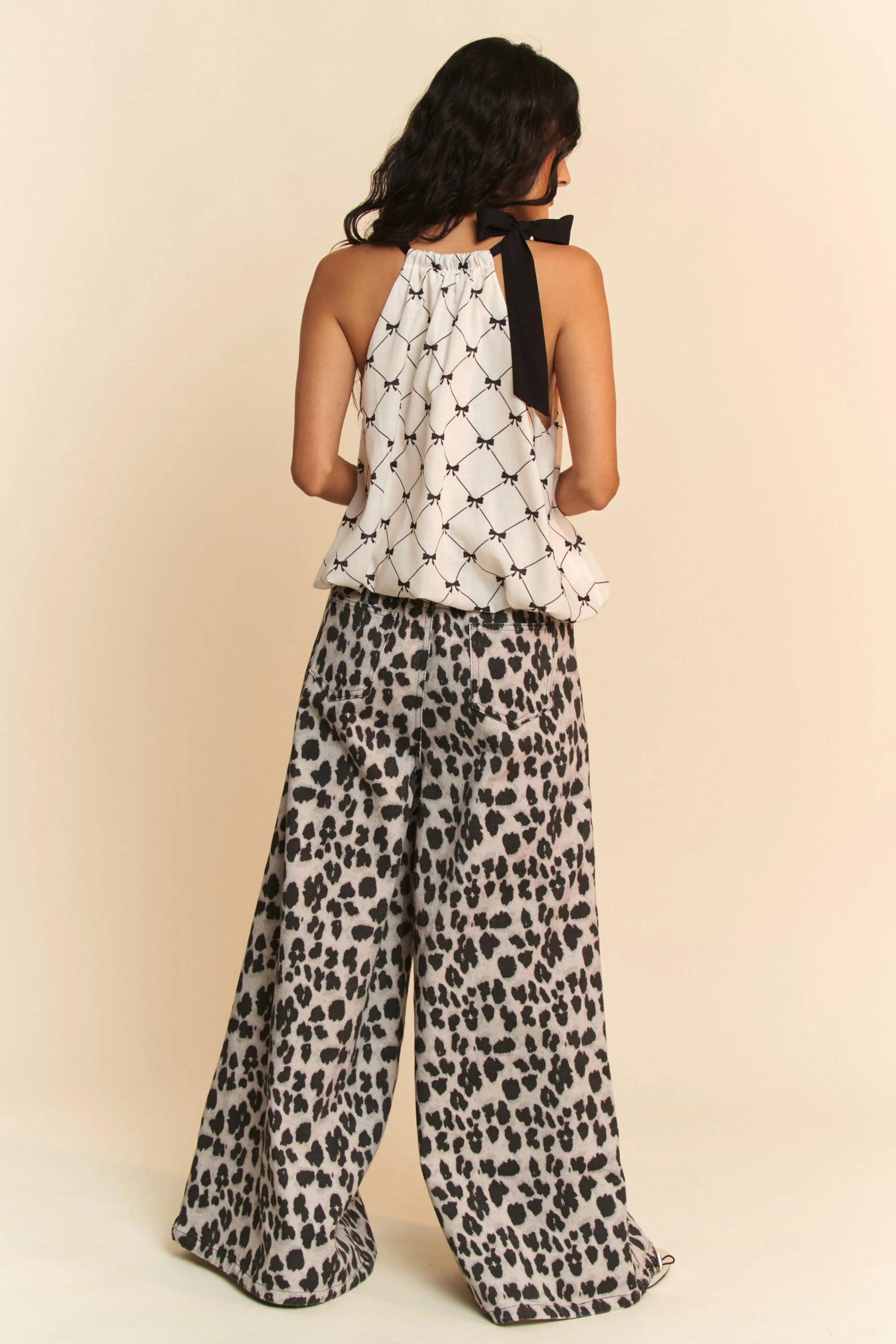 Davi & Dani Ribbon Checker Printed Tie Halter Neck Blouse Top - Love Salve 