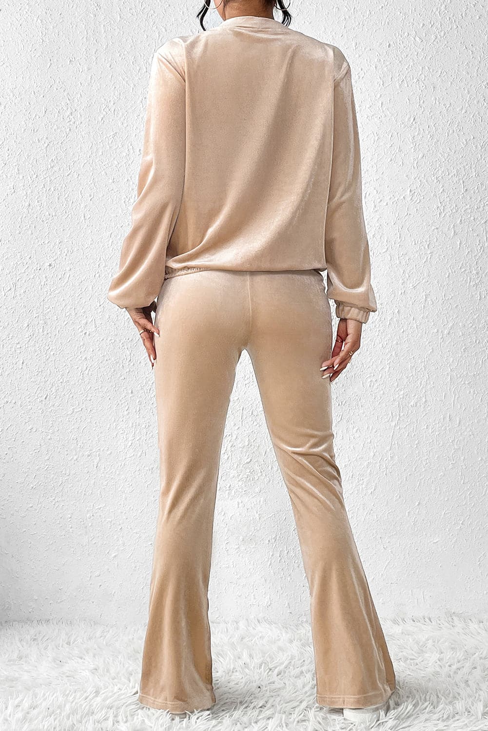 Surplice Long Sleeve Top and Slit Pants Set.