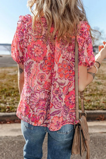 Floral Print Ruffled Puff Short Sleeve Blouse