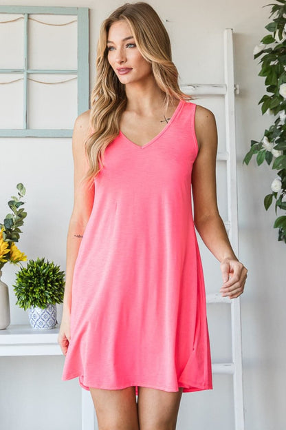 Heimish Full Size V-Neck Mini Tank Dress with Pockets.