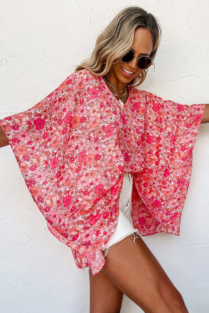 Pink floral boho kimono-style blouse with V neckline