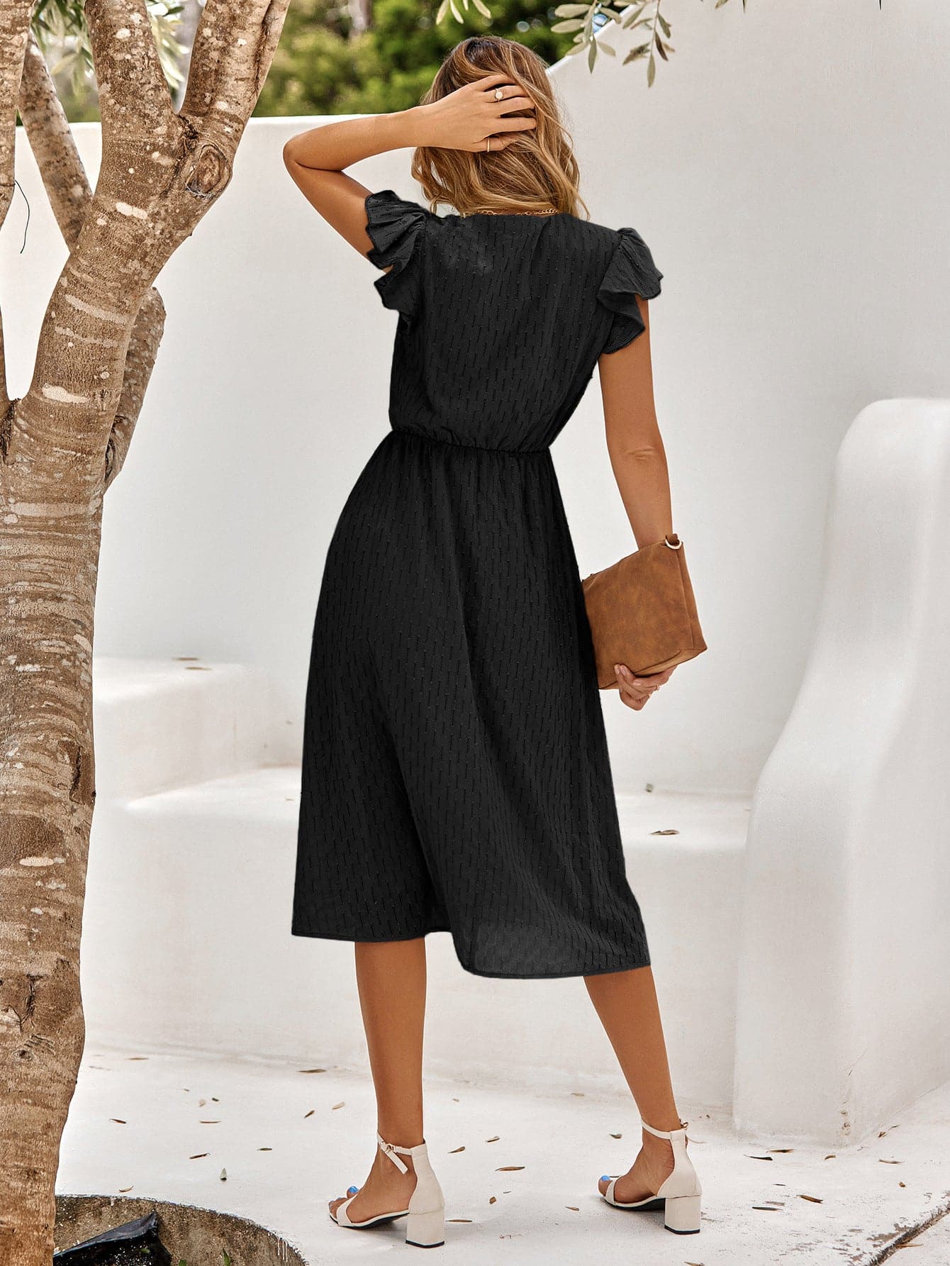 V-Neck Flutter Sleeve Midi Dress.