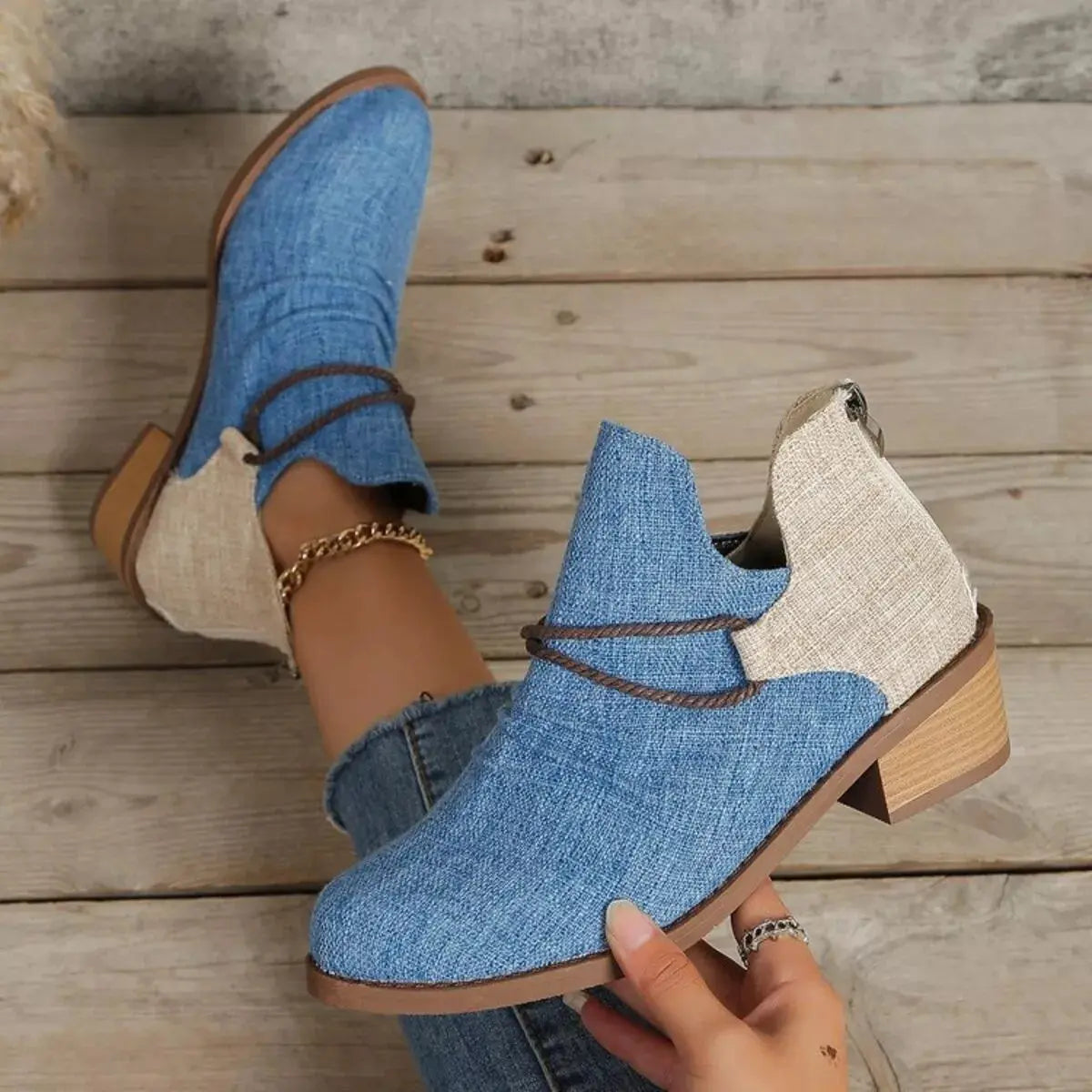 Two Tone Denim Block Heel Ankle Boots Beige Accent Simply Love