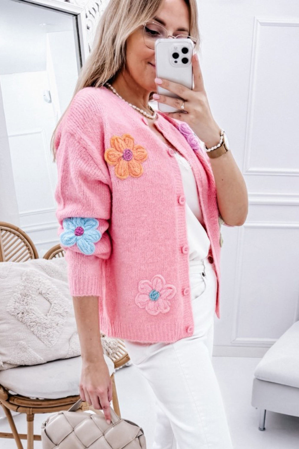 Charming pink floral knitted cardigan with button detail