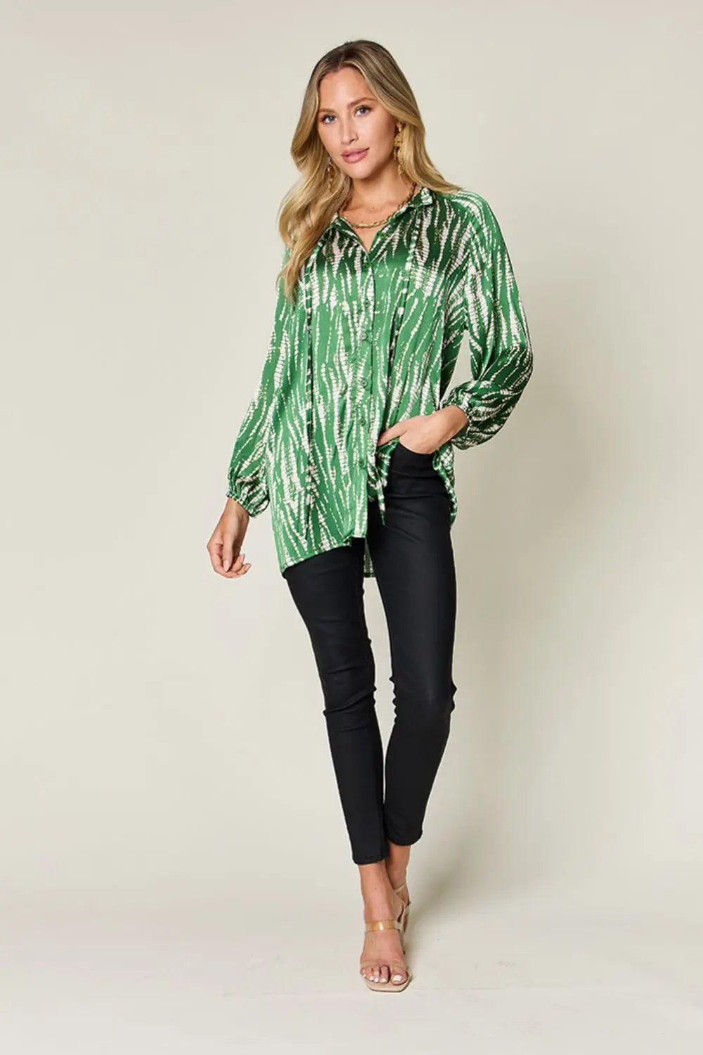 Double Take Full Size Printed Button Up Long Sleeve Shirt - Love Salve