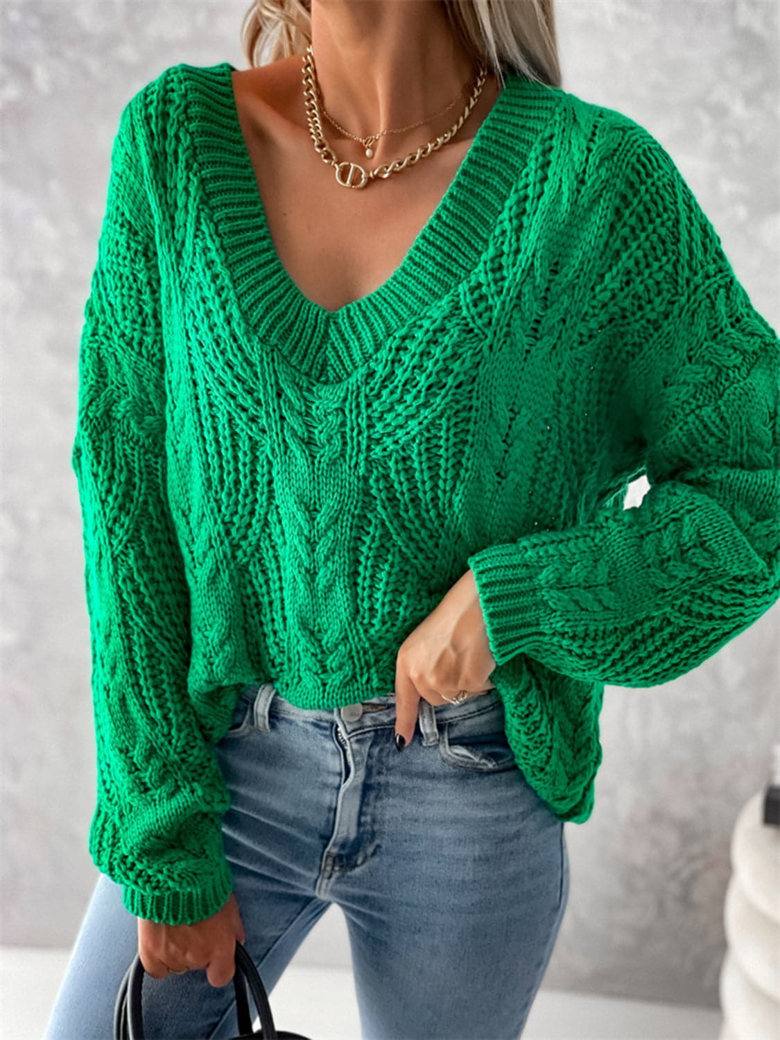 V-Neck Cable-Knit Long Sleeve Sweater.