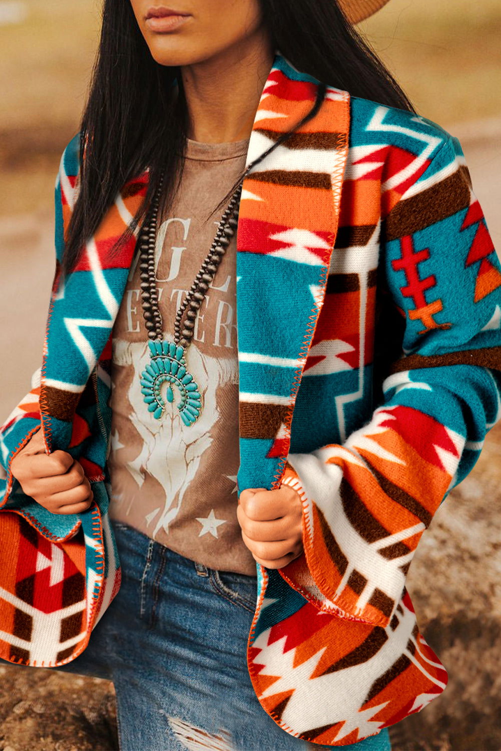 Aztec-inspired sky blue bell sleeve jacket with lapel collar