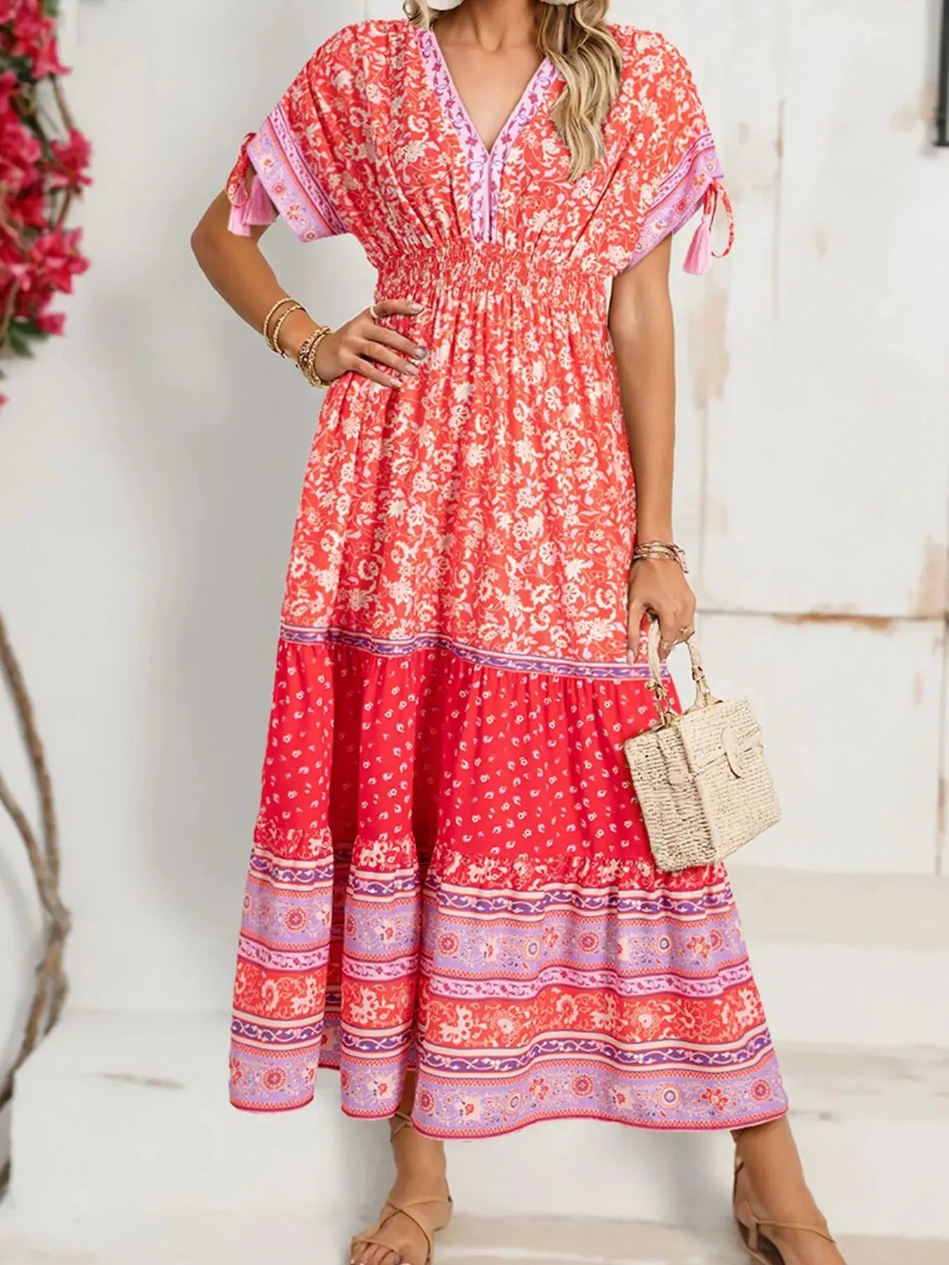 Floral Print Tasseled Tied Sleeve Empire Waist Dress Simply Love