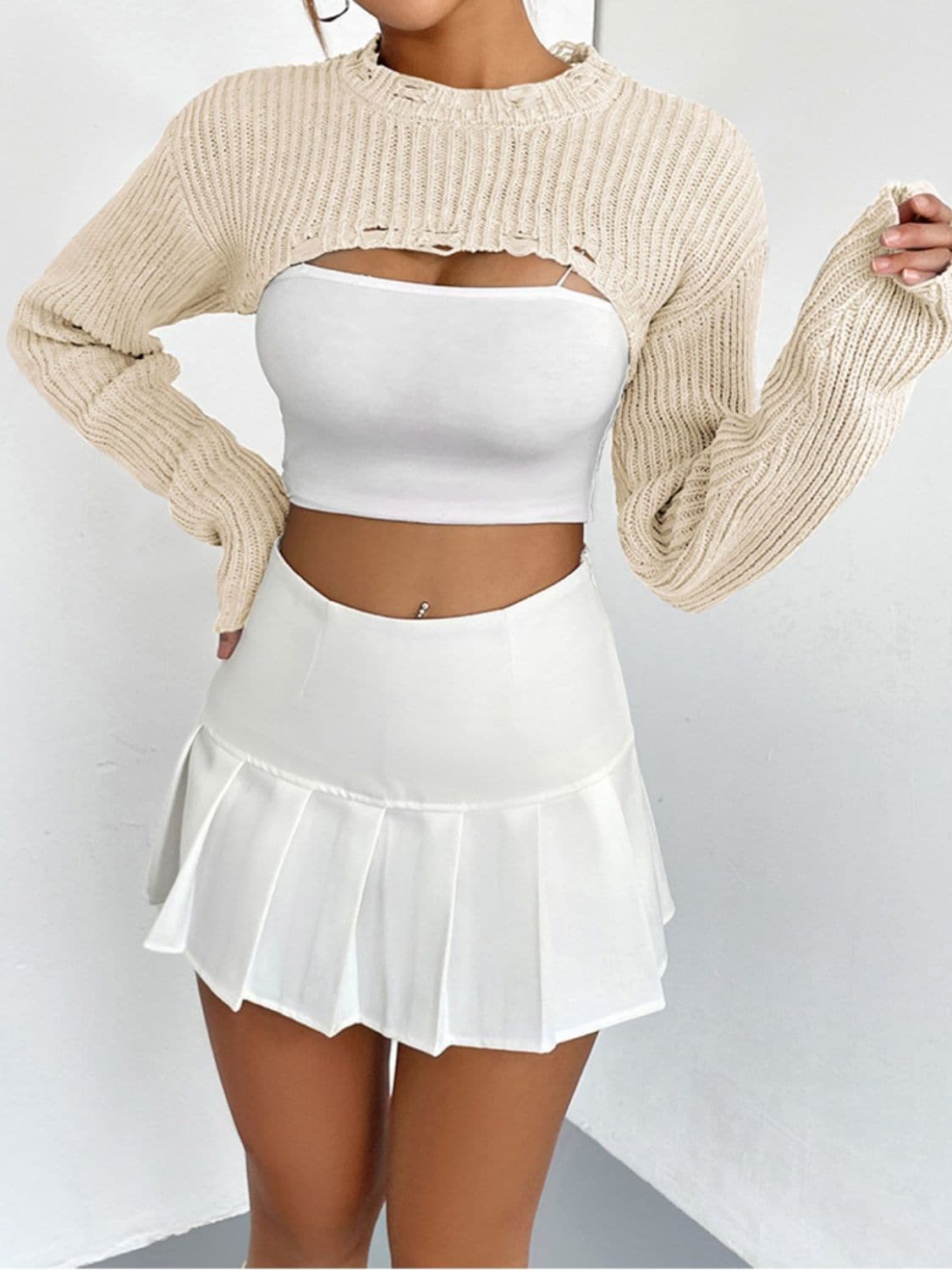 Distressed Long Sleeve Cropped Sweater.