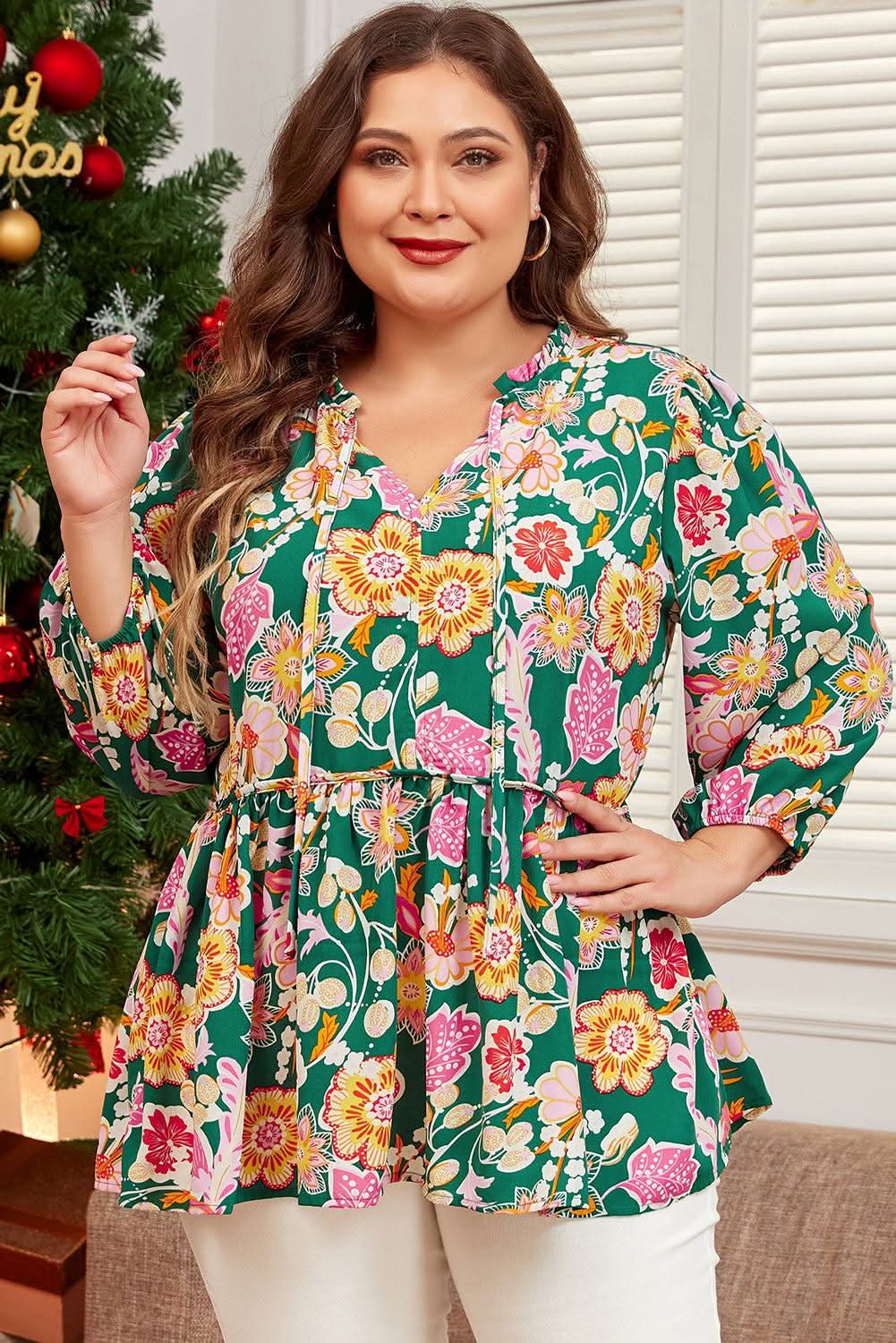 Green floral plus size babydoll top - Love Salve 
