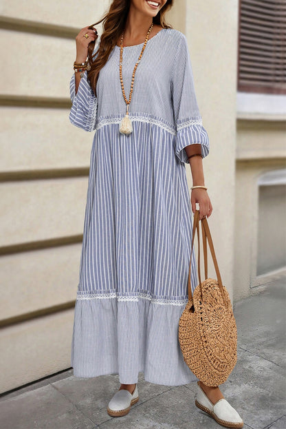 Premium Sky Blue Stripe Patchwork Lace Maxi Dress Bracelet Sleeve