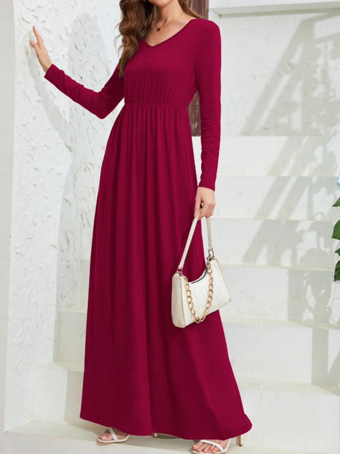 Pocketed V-Neck Long Sleeve Maxi Dress.