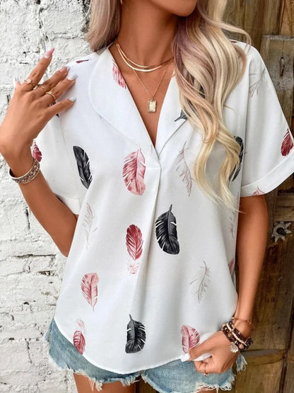 Full Size Printed Collared Neck Short Sleeve Blouse.