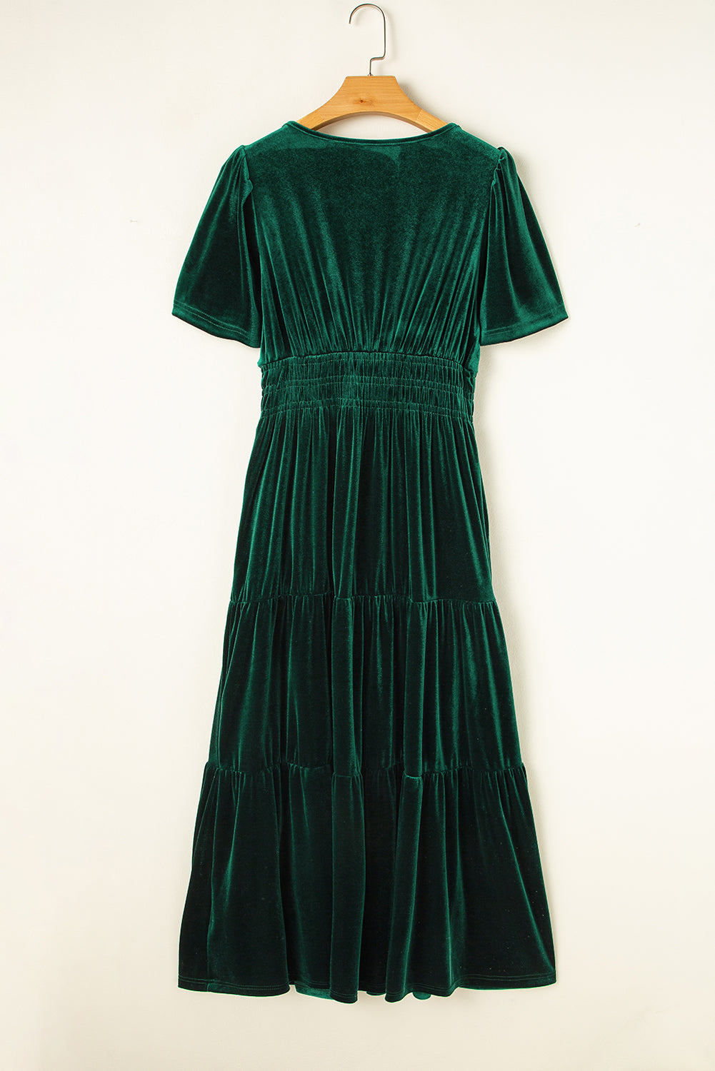 Evergreen velvet tiered maxi dress with shirred waist and short sleeves