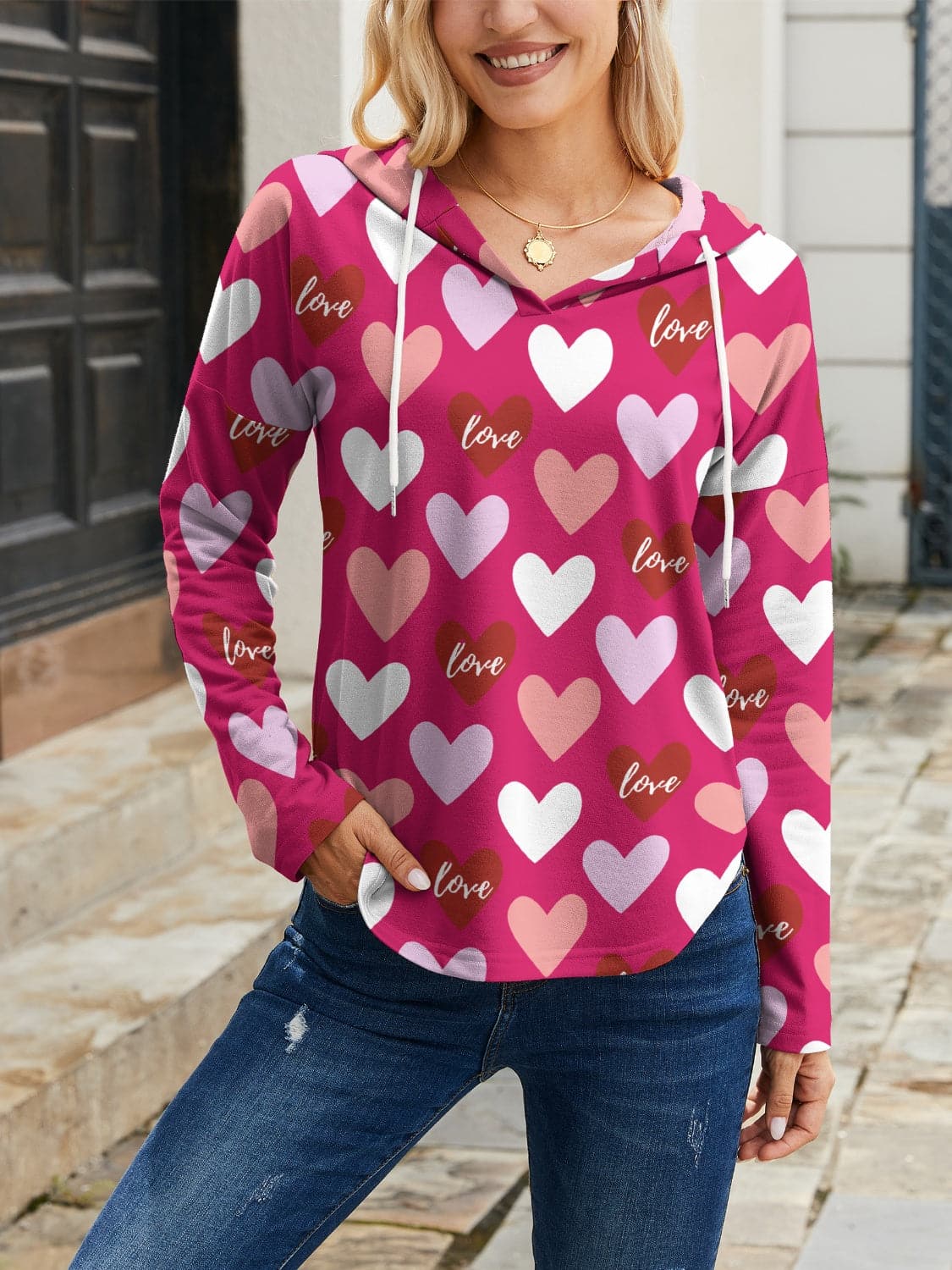 Heart Drawstring Dropped Shoulder Hoodie.