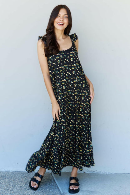 Doublju In The Garden Ruffle Floral Maxi Dress in  Black Yellow Floral.